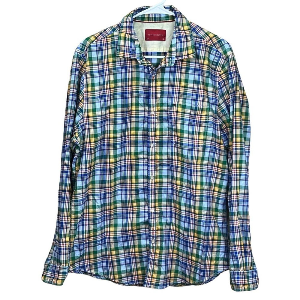 Peter England Mens Shirt Multicolor Button Down Plaid Size 40